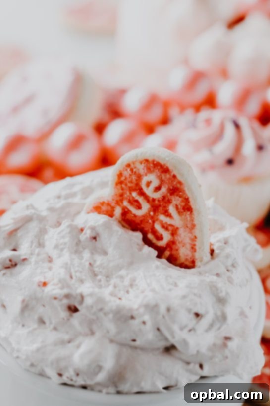 No Bake Strawberry Cake Batter Dip 3 Close-up of Strawberry Cake Mix Dip, a creamy pink dessert dip perfect for parties, garnished with fresh strawberries