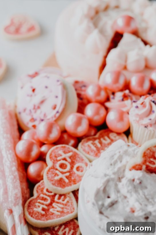 No Bake Strawberry Cake Batter Dip 4 Photo of a platter with a bowl of Strawberry Cake Mix Dip surrounded by various dippers like cookies, fruit, and candies
