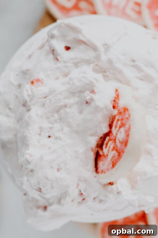 No Bake Strawberry Cake Batter Dip 9 Close-up of the creamy Strawberry Cake Mix Dip, showcasing its smooth texture and delightful pink color, perfect for any celebration.