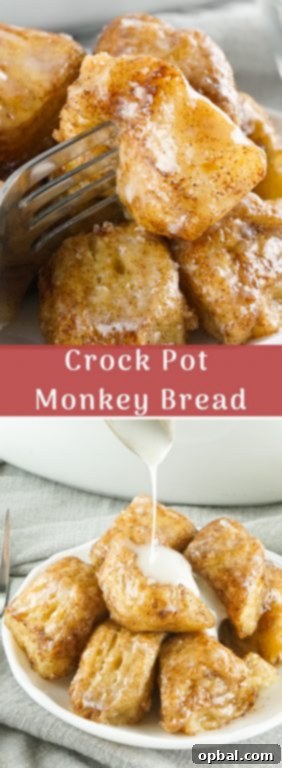 Crockpot Pull-Apart Perfection 14 Crock Pot Monkey Bread turns your classic monkey bread recipe into a delicious slow cooker creation. Full of delicious biscuits, coated in cinnamon and sugar, then drizzled with a rich icing. Perfect for brunch, holiday breakfast, or dessert.