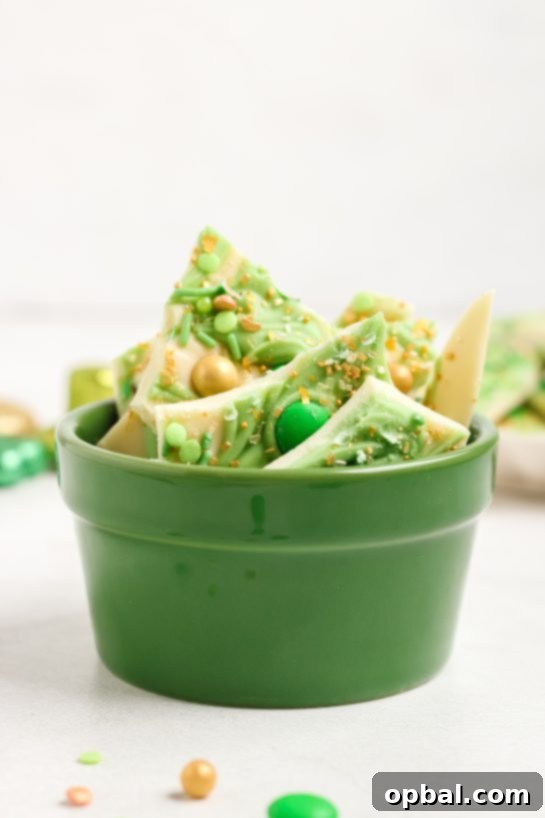 Golden Clover Crunch 6 Easy Leprechaun Bark candy recipe is loaded with colorful and green, festive toppings. It’s a different flavor and texture in every bite, tastes great, and is perfect for a St. Patrick's Day party!