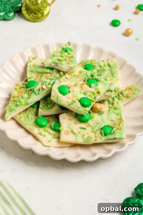 Golden Clover Crunch 8 Leprechaun Bark candy recipe is loaded with colorful and green, festive toppings. It’s a different flavor and texture in every bite, delicious, and is perfect for a Saint Patrick's Day!