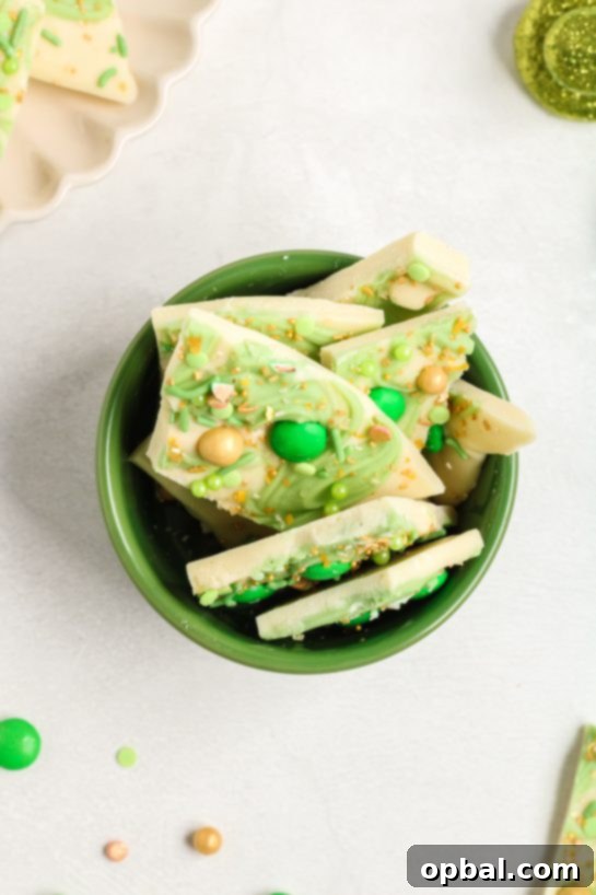 Golden Clover Crunch 9 Overhead shot of the Leprechaun Bark candy recipe for a St. Patrick's Day!