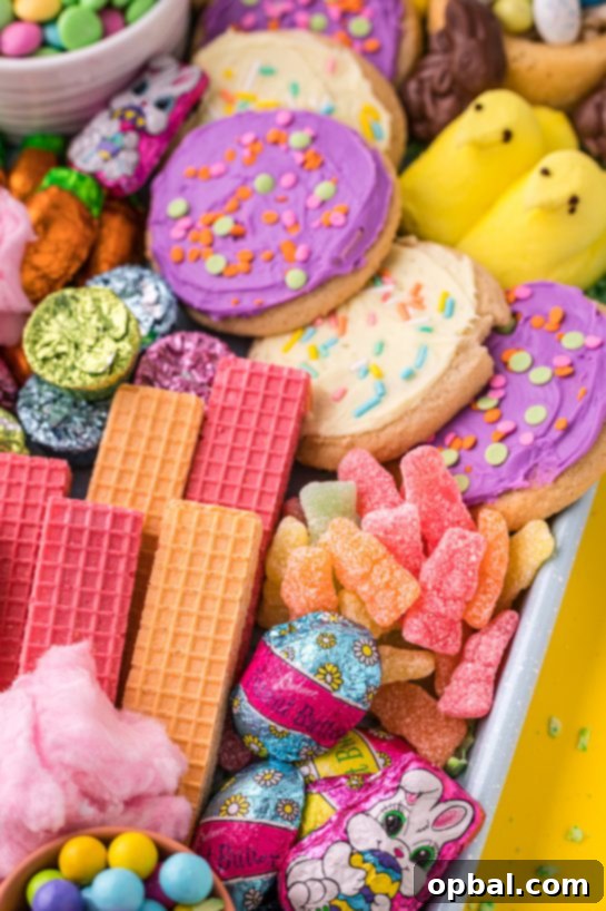 Easter Bloom Board 5 A festive array of delicious Easter candies and sweet snacks beautifully arranged on a charcuterie board, perfect for sharing.