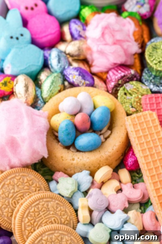 Easter Bloom Board 9 A beautiful Easter charcuterie board overflowing with sweet and colorful treats, perfect for a holiday snack or dessert spread.