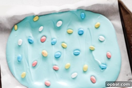 Speckled Robin's Egg Easter Bark 4 Arranging colorful Robin Egg candies on the freshly melted blue chocolate bark.