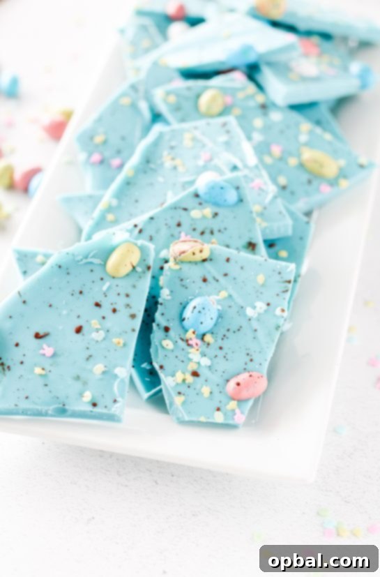 Speckled Robin's Egg Easter Bark 8 A large sheet of freshly made No-Bake Robin Egg Easter Bark, ready to be broken into pieces for Easter Sunday celebrations.