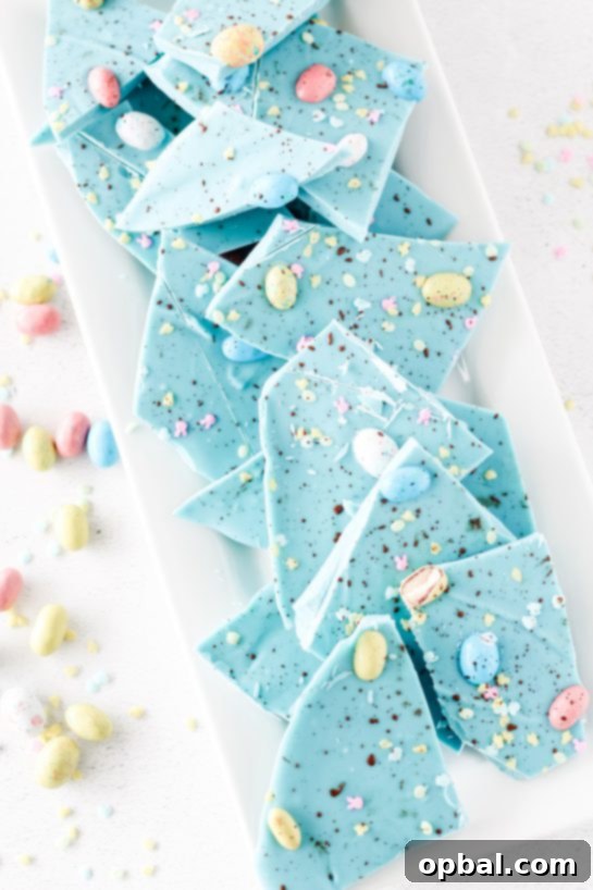 Speckled Robin's Egg Easter Bark 9 Another view of the stunning No-Bake Robin Egg Easter Bark, ready to be enjoyed as a simple yet elegant Easter treat.