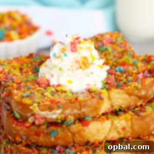 Easy Air Fryer Fruity Pebble French Toast is a classic French toast recipe made with a sweet and crispy cereal coating right in the air fryer. This Fruity Pebbles French toast is a fun twist on a favorite breakfast or brunch!