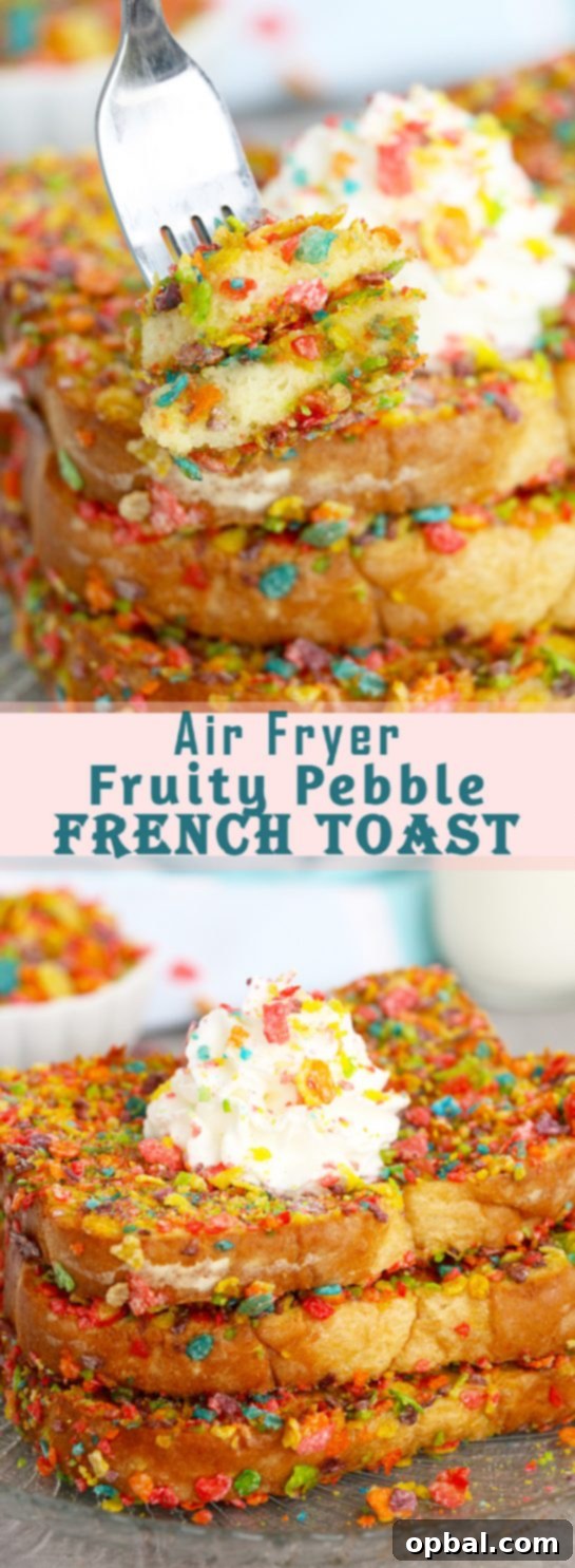 Crispy Air Fryer Fruity Pebble French Toast 12 Easy Air Fryer Fruity Pebble French Toast is a classic French toast recipe made with a sweet and crispy cereal coating right in the air fryer. This Fruity Pebbles French toast is a new twist on a colorful, favorite breakfast or brunch!