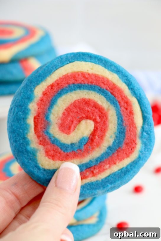 Patriotic Swirl Cookies 2 Patriotic Pinwheel Cookies are a classic, slice and bake soft sugar cookie recipe all dressed up for the 4th of July! These patriotic pinwheel cookies have beautiful swirls of red, white and blue.