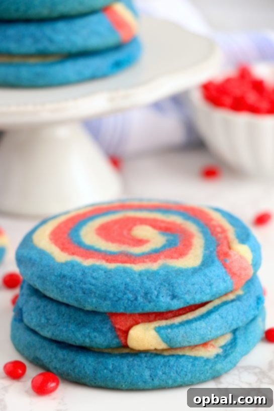 Patriotic Swirl Cookies 7 Patriotic Pinwheel Cookies are a classic, slice and bake soft sugar cookie recipe all jazzed up for the 4th of July! These patriotic pinwheel cookies have beautiful swirls of red, white and blue.