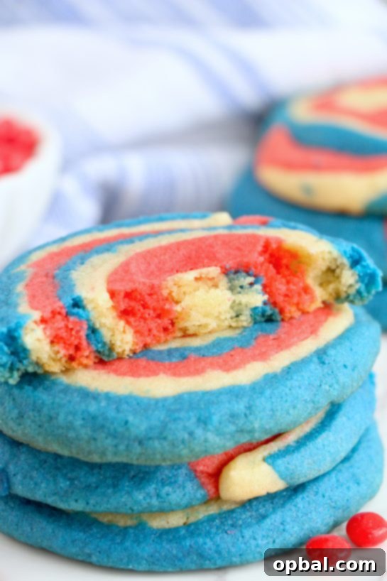 Patriotic Swirl Cookies 10 Patriotic Pinwheel Cookies are a classic, slice and bake soft sugar cookie recipe all decked out for the 4th of July! These patriotic pinwheel cookies have beautiful swirls of red, white and blue.