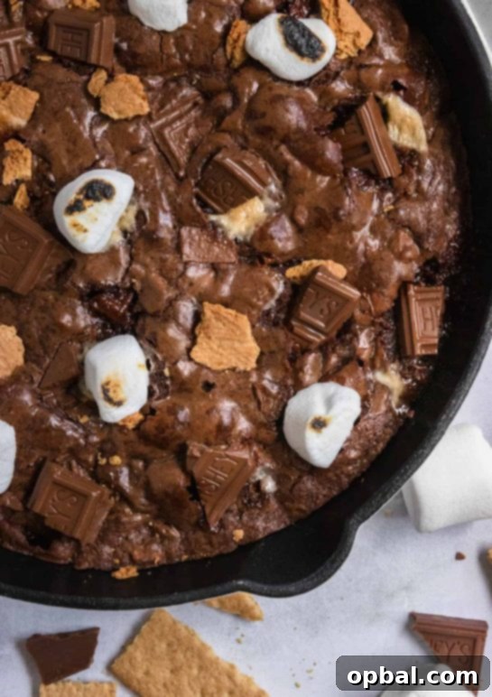 Ultimate S'mores Indulgences 3 You don't need a campfire to enjoy this rich S'mores Brownie Skillet--a treat that will have you wanting s'more! Gooey marshmallows, graham crackers baked right into the brownie and chocolate bars are all part of this fudgy brownie that is best eaten with a spoon! Simple to toss together but won't last long!