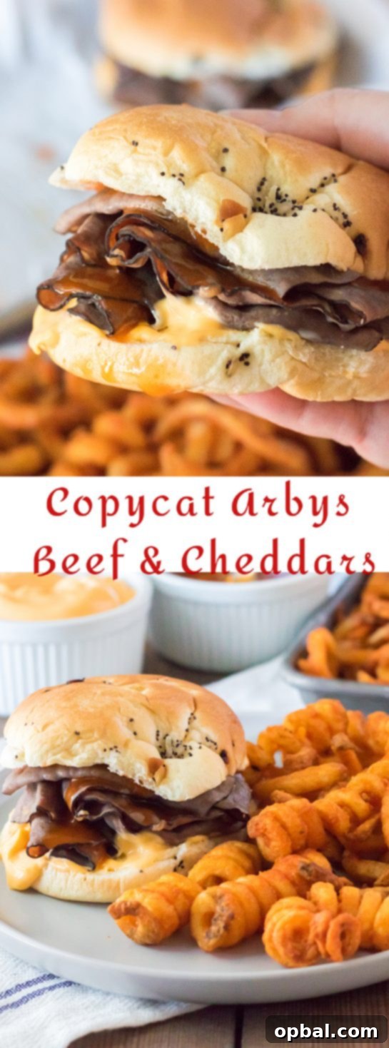 Homemade Arby's Beef and Cheddar 9 These Copycat Arbys Beef & Cheddars are the ultimate copycat recipe! They taste just like the real thing except you get to skip the drive thru and it’s faster! Onion buns, roast beef, cheddar sauce and the secret red sauce make these sandwiches come together in minutes!