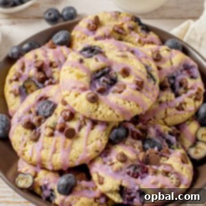 Blueberry Oatmeal Chocolate Chip Cookies are deliciously thick, soft, and chewy oatmeal cookies that are perfectly spiced and stuffed full of fresh blueberries!