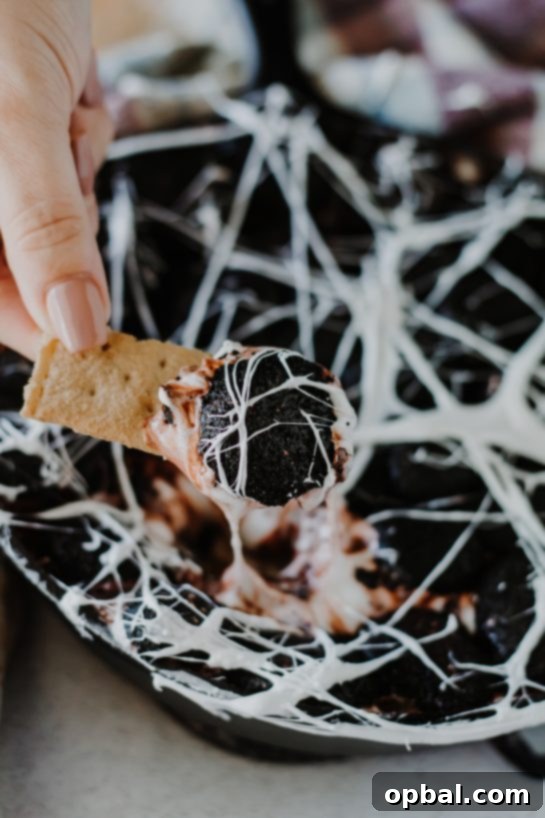 Spooky Spiderweb Smores Dip 10 Easy and Spooky Spiderweb S'mores Dip recipe needs only a few ingredients, takes minutes to make, and is a super-fun Halloween party food idea! Creamy melted white chocolate topped with toasted marshmallows served with graham crackers, cookies, pretzels or fruit for dipping.