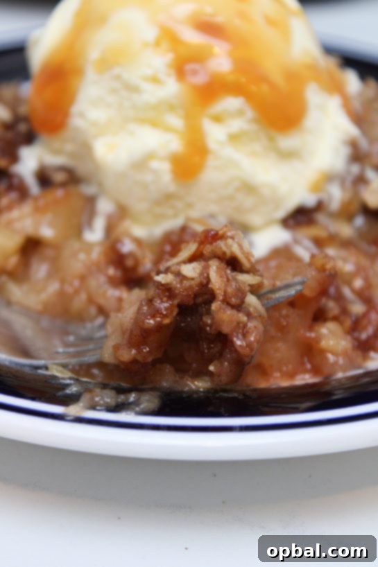 Close-up of a serving of warm Crock Pot Apple Crisp, showing the tender apples and crispy streusel