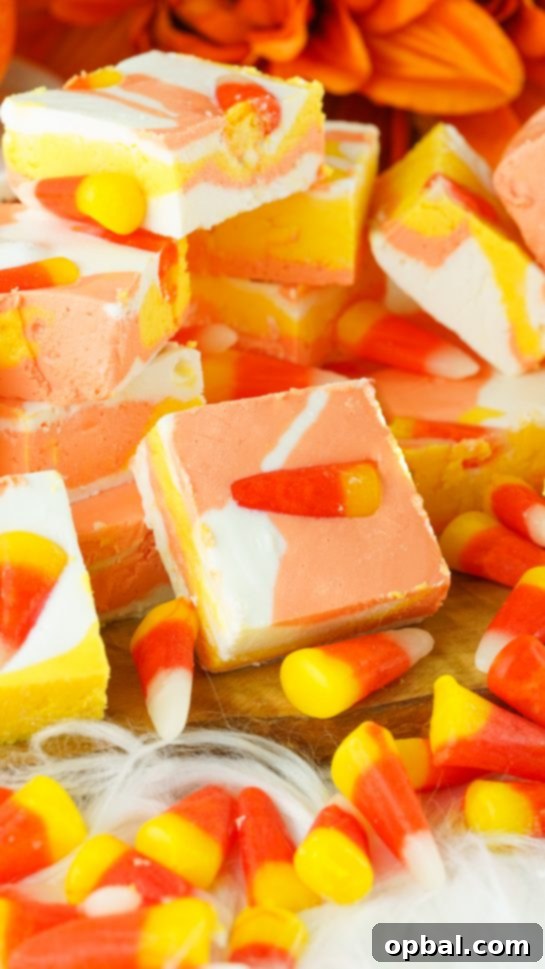 Tri-Color Candy Corn Fudge 10 No-Bake Candy Corn Fudge recipe is a delicious and easy Halloween or fall treat for kids and adults. This creamy homemade fudge only needs 4 ingredients and only 15 minutes from start to finish!