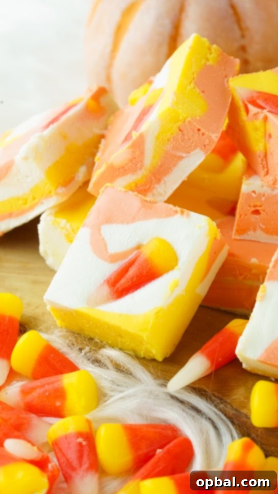 Tri-Color Candy Corn Fudge 8 No-Bake Candy Corn Fudge, a delicious and fun Halloween or fall treat for kids and adults, made with only 4 ingredients in 15 minutes.