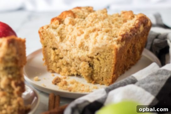 Homestyle Apple Crumble Coffee Cake 4 Overhead view of a whole Apple Streusel Coffee Cake, dusted with streusel and cinnamon.