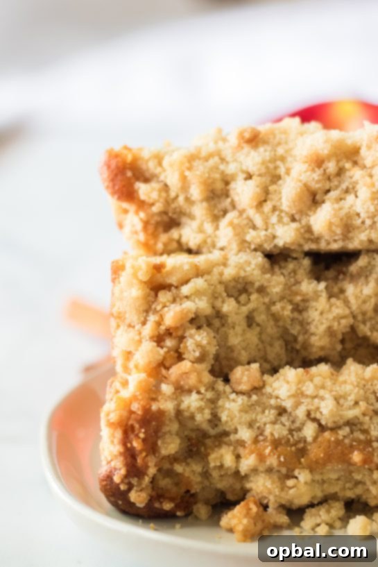 Homestyle Apple Crumble Coffee Cake 8 Delicious Apple Streusel Coffee Cake slices, ready to be enjoyed with a hot beverage.