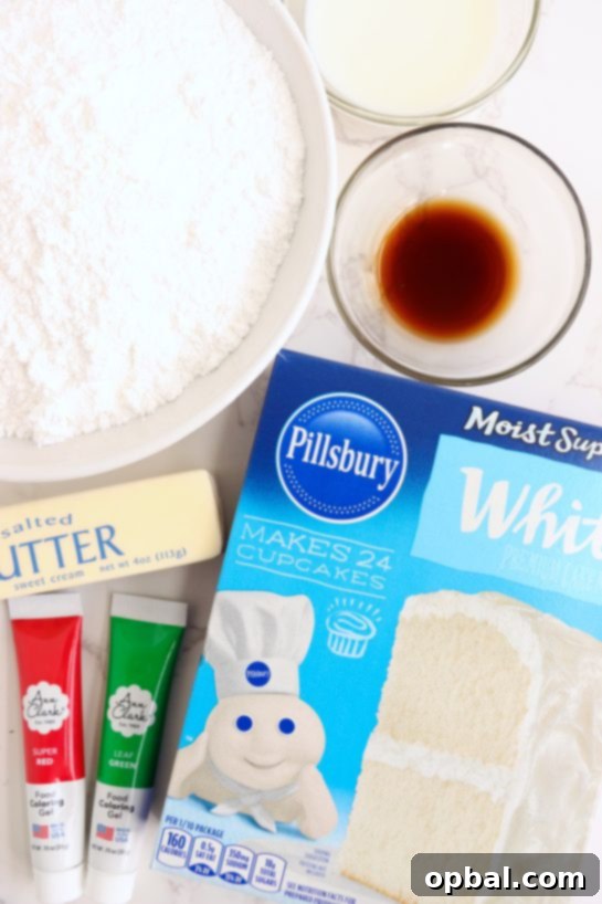 Festive Yule Log Cake 3 Essential ingredients for baking a delicious and visually stunning Christmas Cake Roll, including cake mix, butter, vanilla, powdered sugar, milk, and gel food coloring.