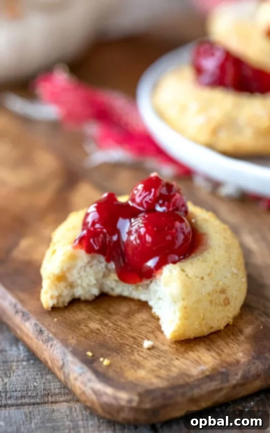 Signature Thumbprint Treats 3 Delicious Cherry Cheesecake Thumbprint Cookies featuring a creamy filling and a tart cherry topping, perfect for holiday baking.