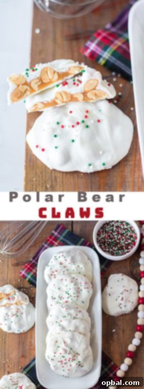 Icebound Talons 9 No-Bake Polar Bear Claws, an easy and delicious Christmas candy recipe with caramel, peanuts, and white chocolate, adorned with sprinkles.