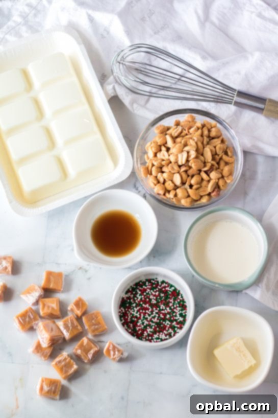 Icebound Talons 3 Ingredients needed to make easy No-Bake Polar Bear Claws, including caramel, peanuts, white chocolate, and sprinkles.