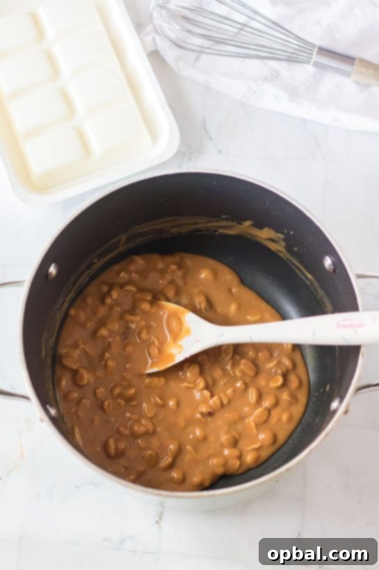 Icebound Talons 5 Mixing melted caramels with roasted peanuts for the No-Bake Polar Bear Claws recipe.