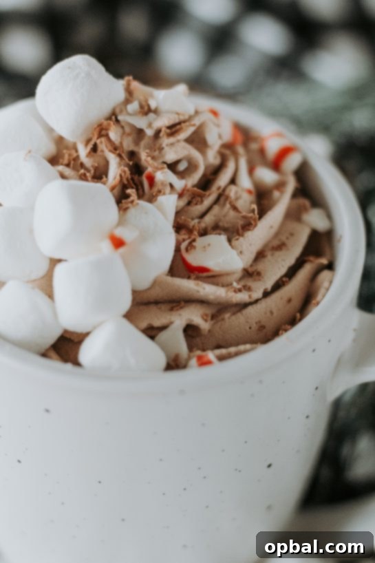 Pillowy Hot Chocolate 7 Whipped hot chocolate served in an elegant mug, highlighting its frothy texture and inviting appeal for Christmas Eve enjoyment.