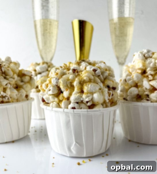 Sparkling New Year Popcorn Bites 2 Sticky and delicious New Year Champagne Popcorn Balls are the ultimate festive snack for any party, holiday, or New Year's Eve gathering.