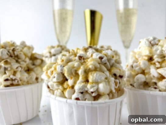 Sparkling New Year Popcorn Bites 6 New Year Champagne Popcorn Balls are so sticky, tasty, and everyone will love them. They’re the perfect snack recipe for any party, holiday or get together, but especially New Year's Eve or New Year's Day dessert or snack to pass!