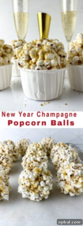 Sparkling New Year Popcorn Bites 7 This recipe for New Year Champagne Popcorn Balls is so sticky, tasty, and everyone will love them. They’re the perfect snack recipe for any party, holiday or get together, but especially New Year's Eve dessert to pass!