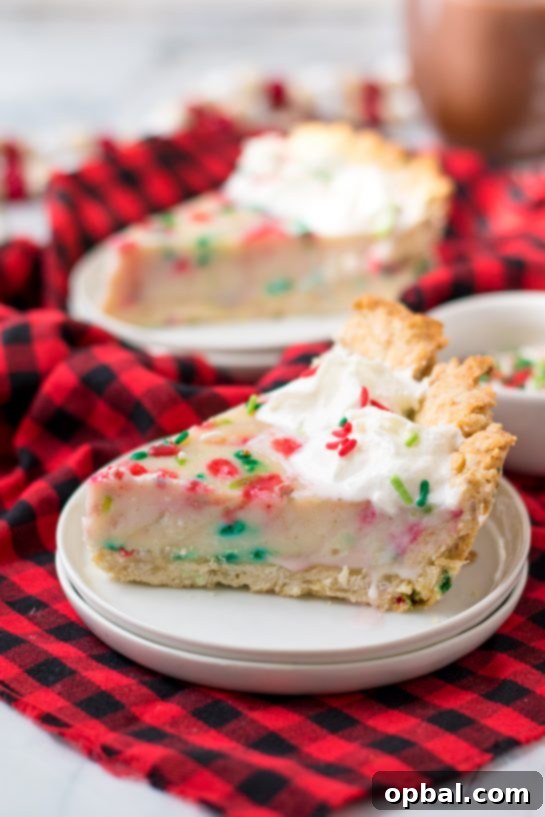 Velvet Sugar Pie 7 A closer look at the Christmas Sugar Cream Pie, highlighting its creamy texture and festive jimmie sprinkles.