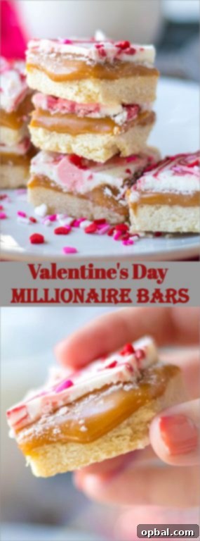 Sweet Valentine's Millionaire Bars 16 A final, striking image of an artfully presented Valentine's Day Millionaire Bar, emphasizing its layered perfection and festive decorations.