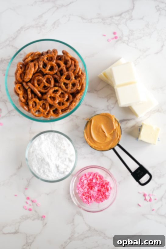 Sweetheart Pretzel Bites 3 Ingredients laid out for making the Valentine's Day Pretzel Bites recipe.