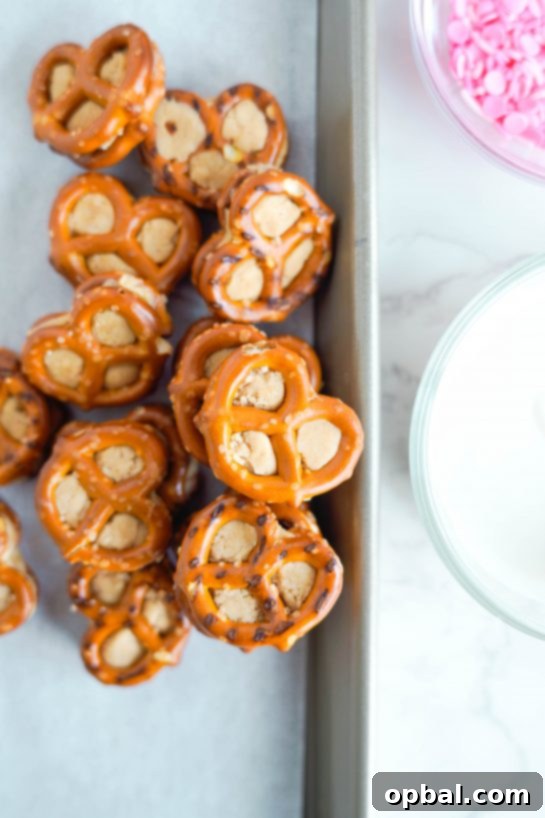 Sweetheart Pretzel Bites 5 Peanut butter filled pretzel bites ready for dipping in white chocolate.