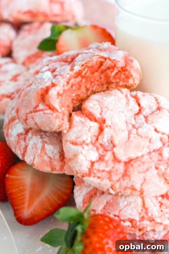 Luscious Strawberry Crinkles 12 A stack of delicious Strawberry Crinkle Cookies, perfect for Valentine's Day or any festive holiday dessert table.