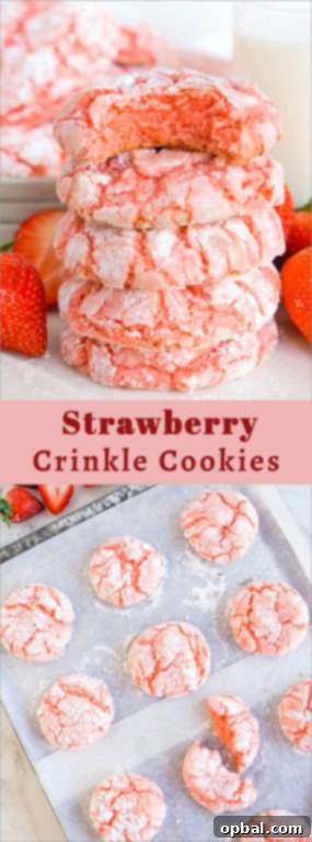 Luscious Strawberry Crinkles 14 A close-up of a perfectly soft Strawberry Crinkle Cookie, made with cake mix, highlighting its easy and delicious nature.