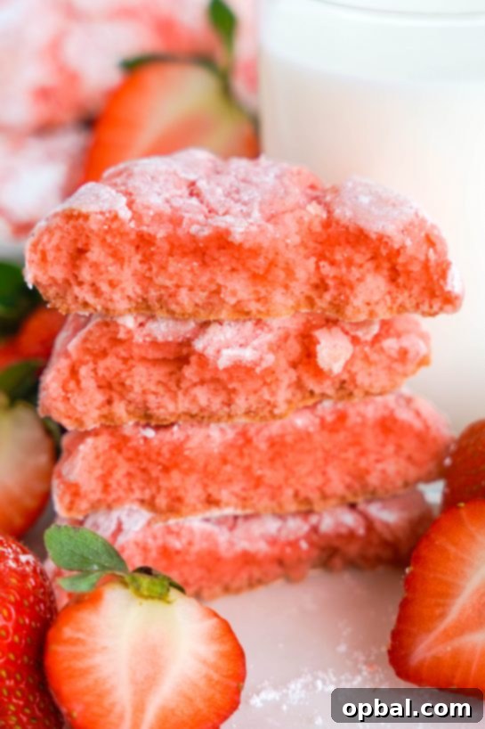 Luscious Strawberry Crinkles 9 An enticing close-up photo of Strawberry Crinkle Cookies, emphasizing their beautiful texture and vibrant color, perfect for any holiday.