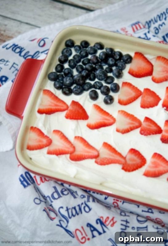 22 Firecracker Flavors for the Fourth 13 Light and fluffy Angel Food Cake Flag recipe for the 4th of July holiday party, topped with berries for a patriotic design.