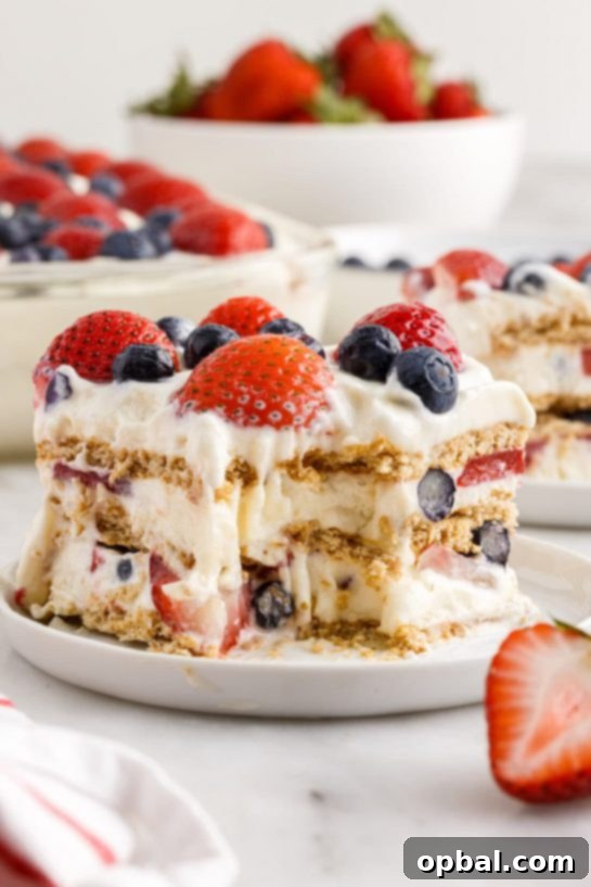 22 Firecracker Flavors for the Fourth 16 No-bake Mixed Berry Icebox Cake recipe bringing big flavors and a festive look with red and blue berries, perfect for the 4th of July.