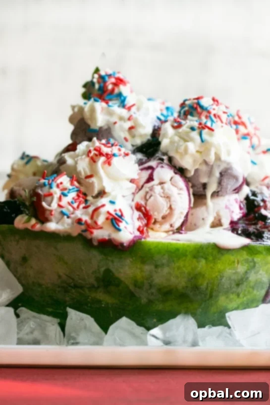 22 Firecracker Flavors for the Fourth 4 Red, White and Blueberry Sundae recipe, an ultimate summer sweet for the 4th of July, served uniquely in a watermelon for shared enjoyment.