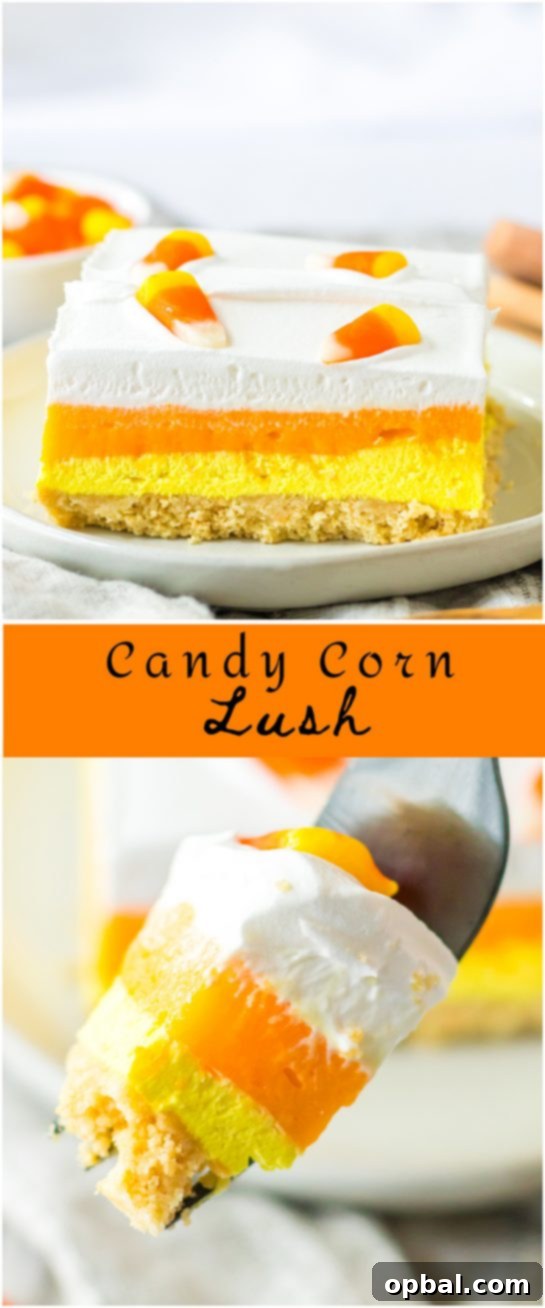 Decadent Candy Corn Delight 11 Layers of vanilla cookies, a creamy cheesecake layer and a vanilla pudding layer all colored to look like candy corn. Candy Corn Lush recipe is always a favorite at fall parties and is a make-ahead Halloween dessert that’ll make all ghouls go wild!
