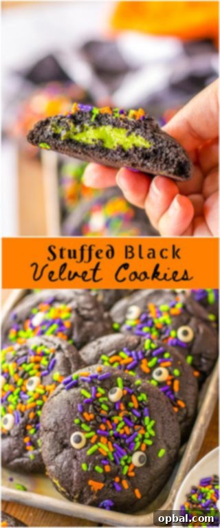 Midnight Velvet Stuffed Cookies 10 A trio of Stuffed Black Velvet Cookies, artfully presented and garnished with Halloween sprinkles for a spooky treat.