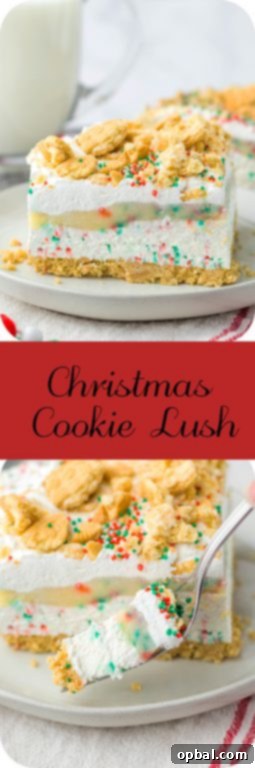 Yuletide Cookie Bliss 14 The ultimate Christmas Cookie Lush, a no-bake holiday dessert featuring layers of vanilla cream cookies, cheesecake, pudding, whipped topping, crushed cookies, and festive sprinkles.