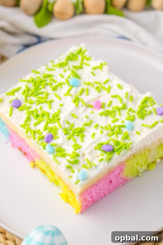 Springtime Easter Poke Cake 11 Easter Poke Cake is the prettiest, tastiest dessert for spring! This was such an easy and super fun cake to make! It’s the perfect sweet treat for Easter! Cake mix, white chocolate pudding layer and whipped cream to top it off!