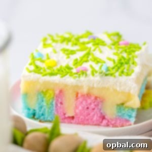 Easter Poke Cake is the prettiest, tastiest dessert for spring! This was such an easy and super fun cake to make! It’s the perfect sweet treat for Easter! Cake mix, white chocolate pudding layer and an amazing whipped cream spread on top!